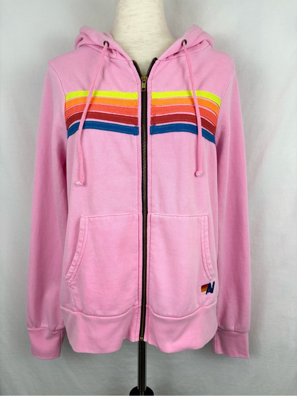 Aviator Nation Rainbow Stripe Zip Hoodie Pink Size Medium